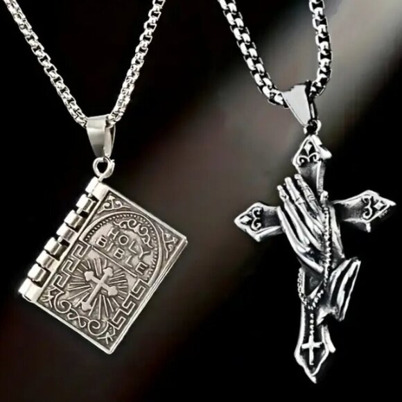 Holy Bible Necklace Praying Hands Cross Necklace with Chains Set NWT - Picture 1 of 4